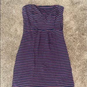 Blue & Red Striped Dress. Strapless